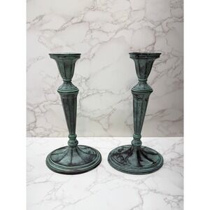 Green Metal Candlesticks Set of 2 Faux Patina Table Decor Heavy Traditional